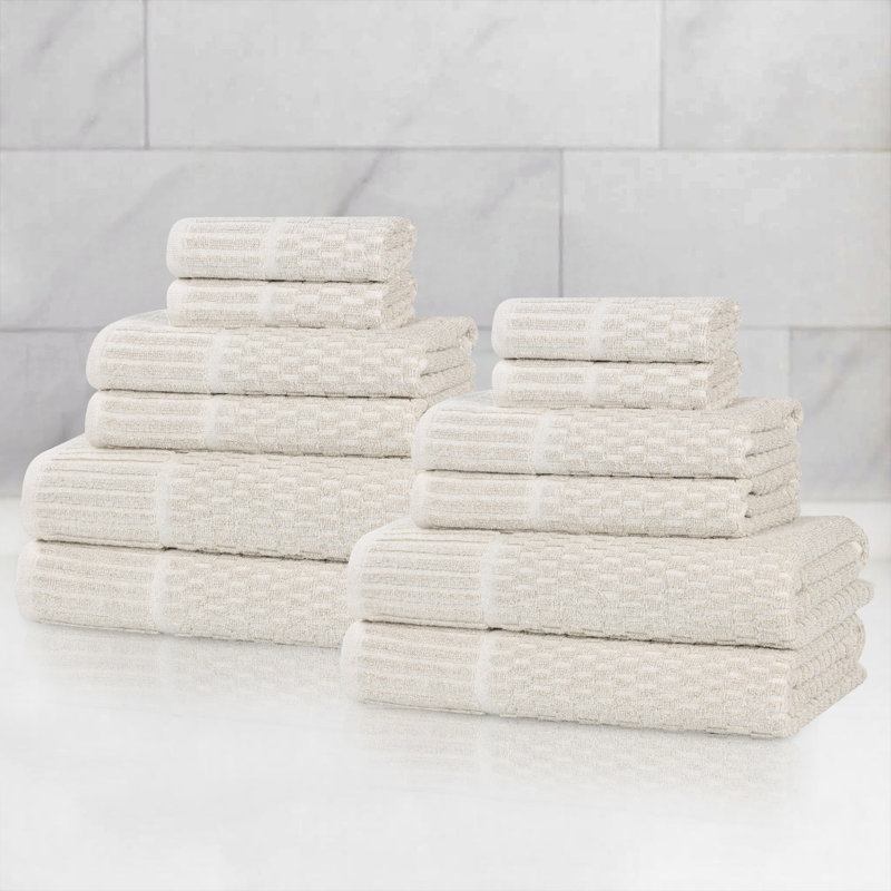 Juno Viscose Cotton Blend Medium Weight Textured Checkered Ribbed Border Towel Set, 12 Piece Towel Set, Beige