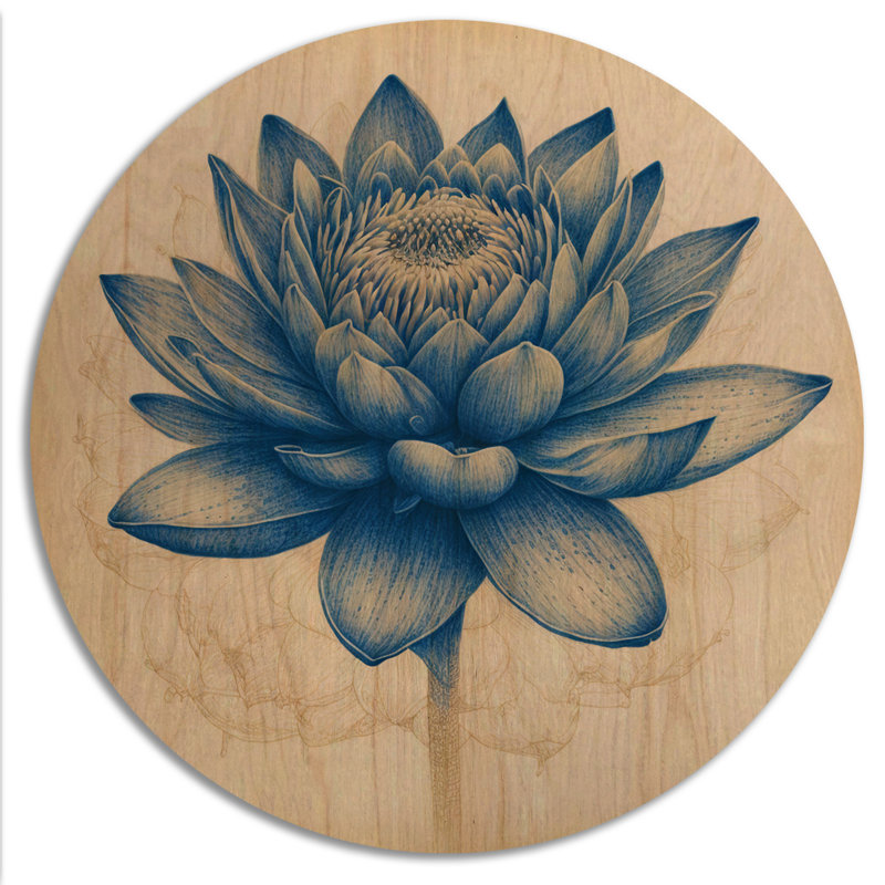 Rétro lotus bleu I - art mural floral en bois de lotus - bois de pin naturel, H 29 po x l 29 po x P 1 po