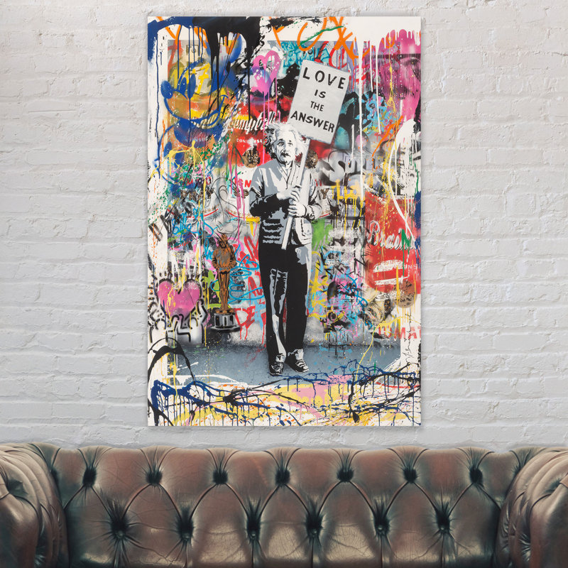Love Is The Answer Albert Einstein Banksy Style - Wrapped Canvas Painting, 41cm H x 31cm W x 4cm D