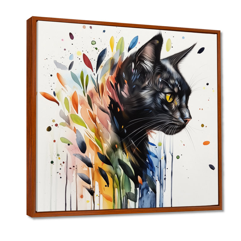 Portrait de chat botanique moderne, H 16 po x l 16 po, Reproduction avec cadre flottant, Brun