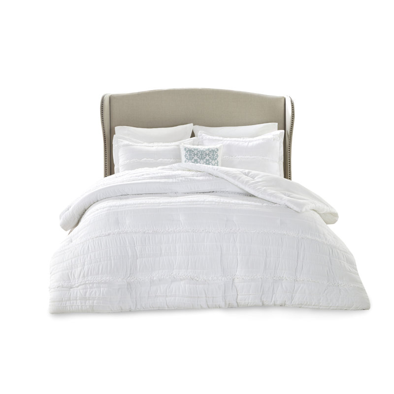 5 Piece Microfiber Comforter For King Size Bed, White With Attractive Ruffle Details Enchanting Ruffles