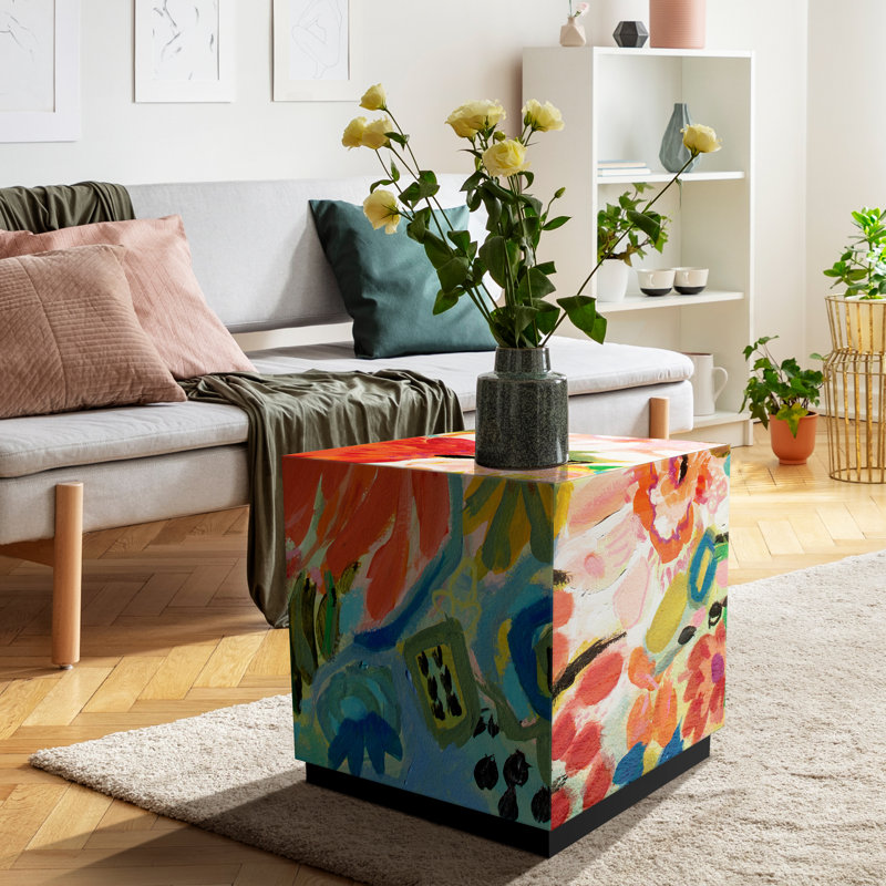 Floral Art Glass Lamp Table with Black Base
