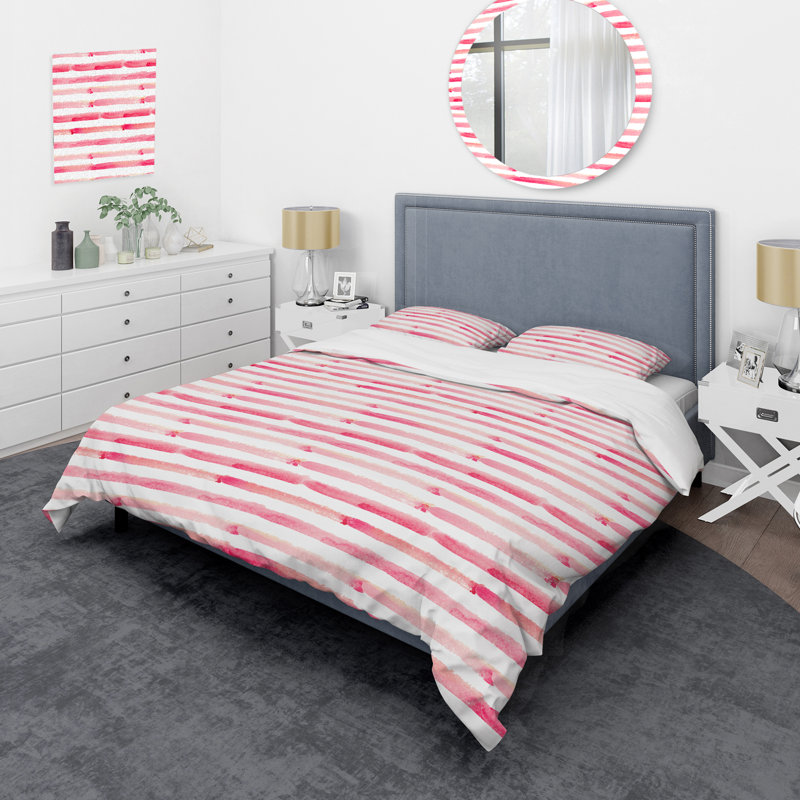 Pink and White Striped Pattern - Abstract Duvet Cover Set - Microfiber Polyester, King Duvet Cover + 2 King Shams