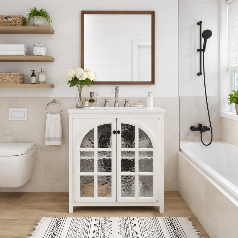 Meuble-lavabo 30 po Mid-Century avec portes en céramique à fermeture en douceur, Blanc