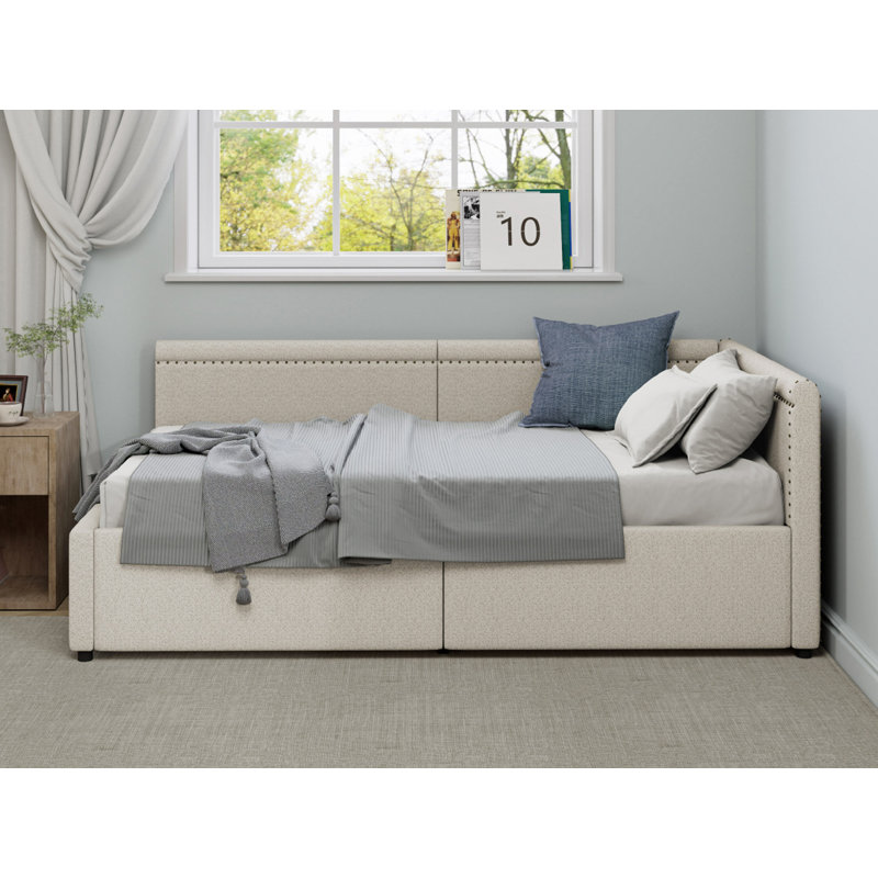 Lit de coin en L de style moderne, lit de jour rembourré en lin avec deux tiroirs de rangement, Beige