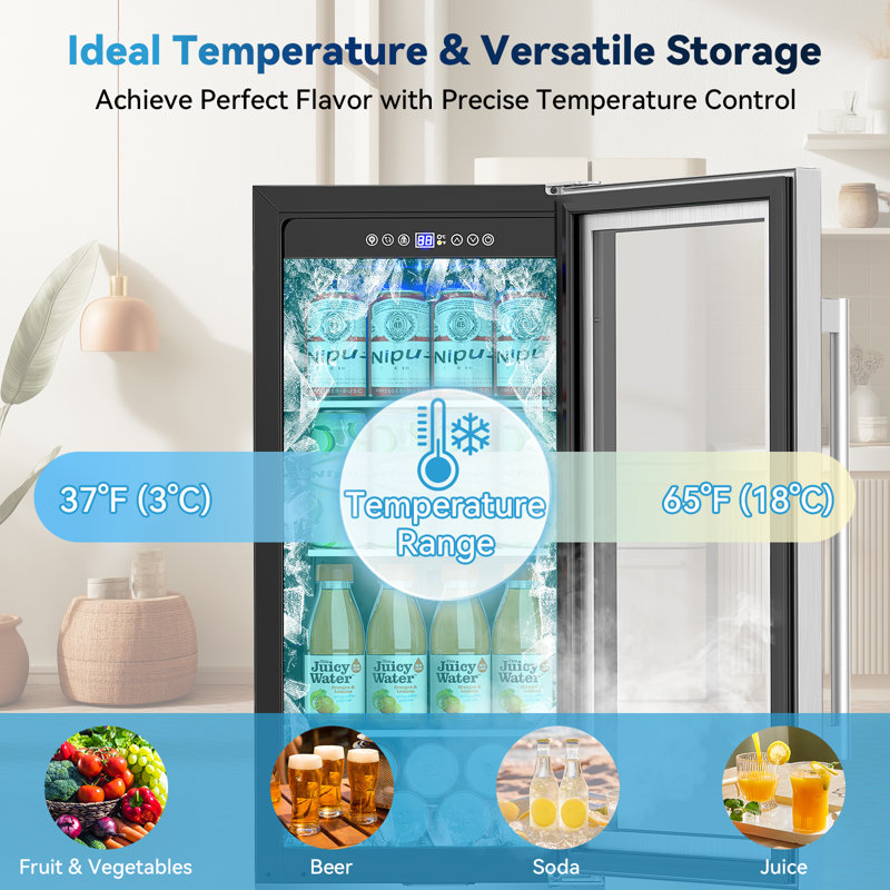 15-Inch Mini Beverage Refrigerator – Holds 130 Cans, Built-In or Freestanding Beverage Cooler, with Adjustable Shelves, Reversible Door, LED Lighting, and Safety Lock