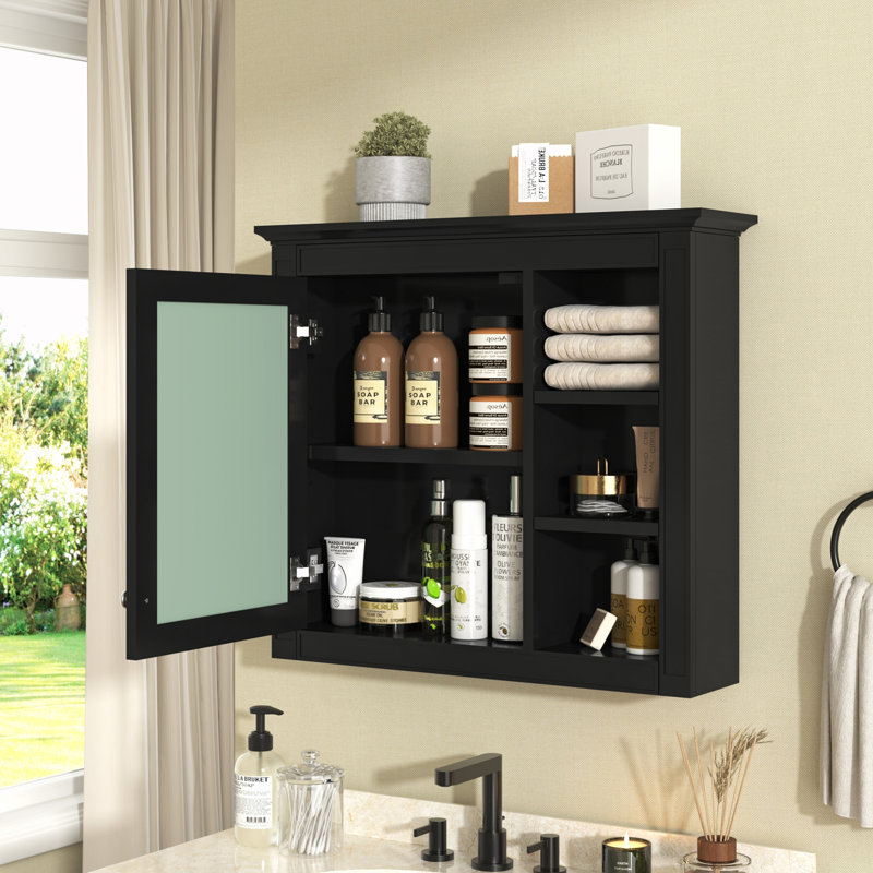 Wall Mounted Bathroom Storage Cabinet With Mirro&Open Shelves, Black