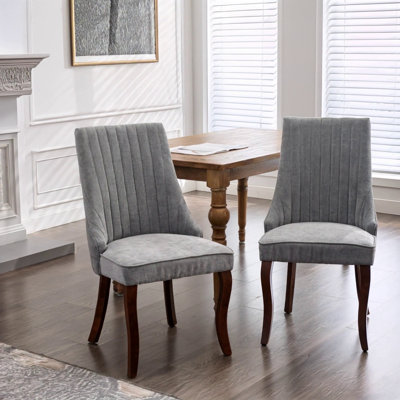 Rayon Cloth Flocking Linen Dining Chairs Channel Kitchen Dinner Chair Comfy Fabric Upholstered Accent Chair For Dining Room With Curved Solid Wood Legs