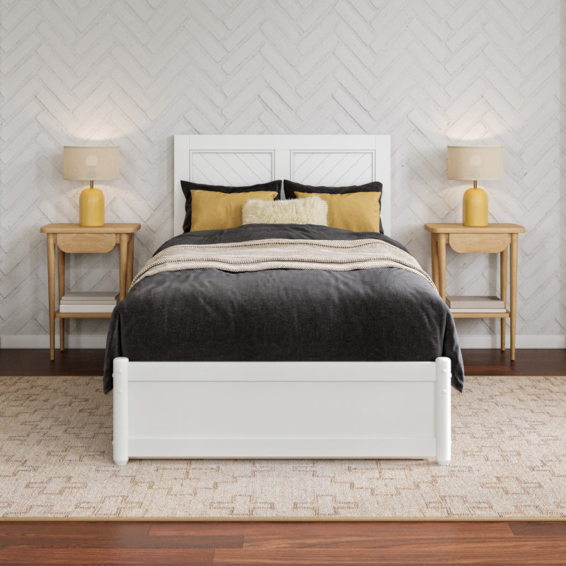 Lit plateforme en bois massif avec pied de lit et tiroirs sous le lit Lamarkus, Blanc, Simple TG