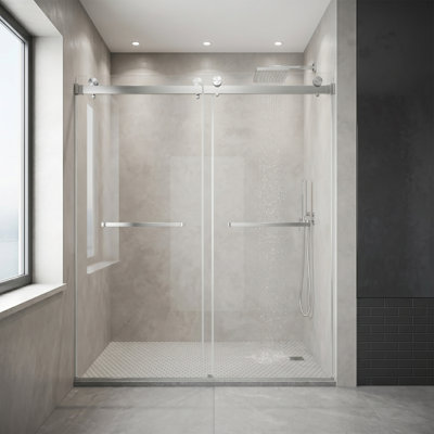 56"–60" W X 76" H Sliding Frameless Shower Door 3/8" (10mm) Thick Tempered Glass Stainless Steel Hardware Brushed Nickel