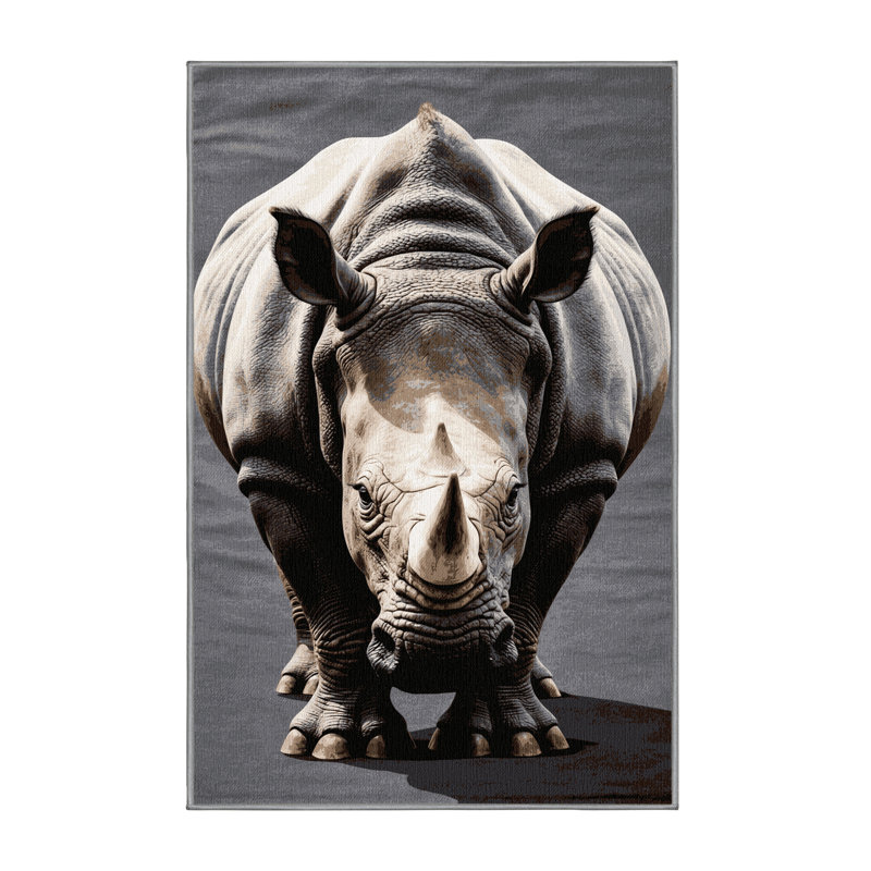 Washable Indian Rhinoceros Wildlife Area Rug, Runner 2' x 4'
