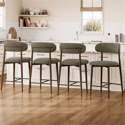 Ensemble de 2 tabourets de bar à hauteur de comptoir, tabourets de bar rembourrés Mid-Century avec pieds en métal robustes, tabourets de comptoir à siège incurvé en lin pour îlot de cuisine et salle à manger