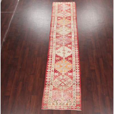 Tapis de couloir unique en laine noué à la main Oushak rouge / beige des années 2010 de 2 pi 9 po x 12 pi 2 po Ninive