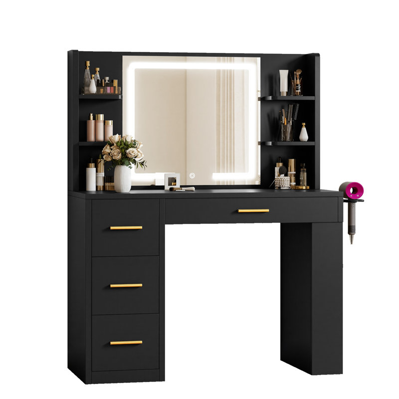 39.3" Makeup Vanity Table With LED Mirror, 4 Drawers, 7 Open Storage Shelves, Black