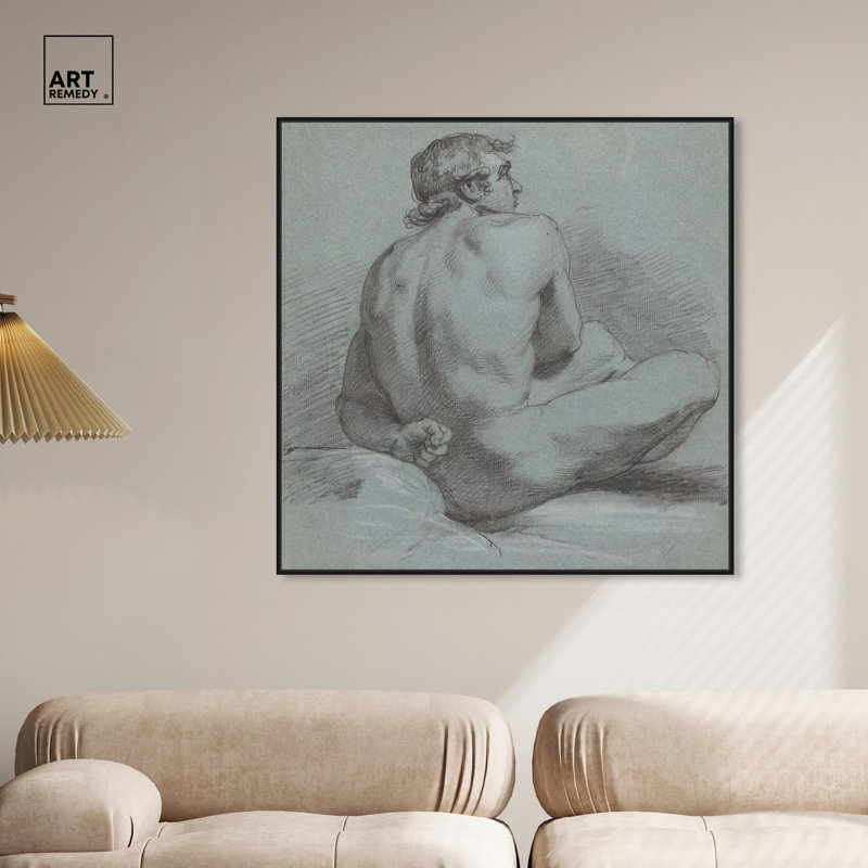 Art figuratif assis sur un nu masculin 1786 par Art Remedy, Cadre flottant noir, H 41 po x l 41 po x P 1,8 po