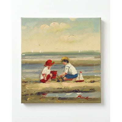 Kids Beach Frameless Canvas Print, Textured Impasto Two Children with Toy Sailboat Vertical Canvas Wall Art, Bright Red and Sea Blue Palette Kids Room Decor