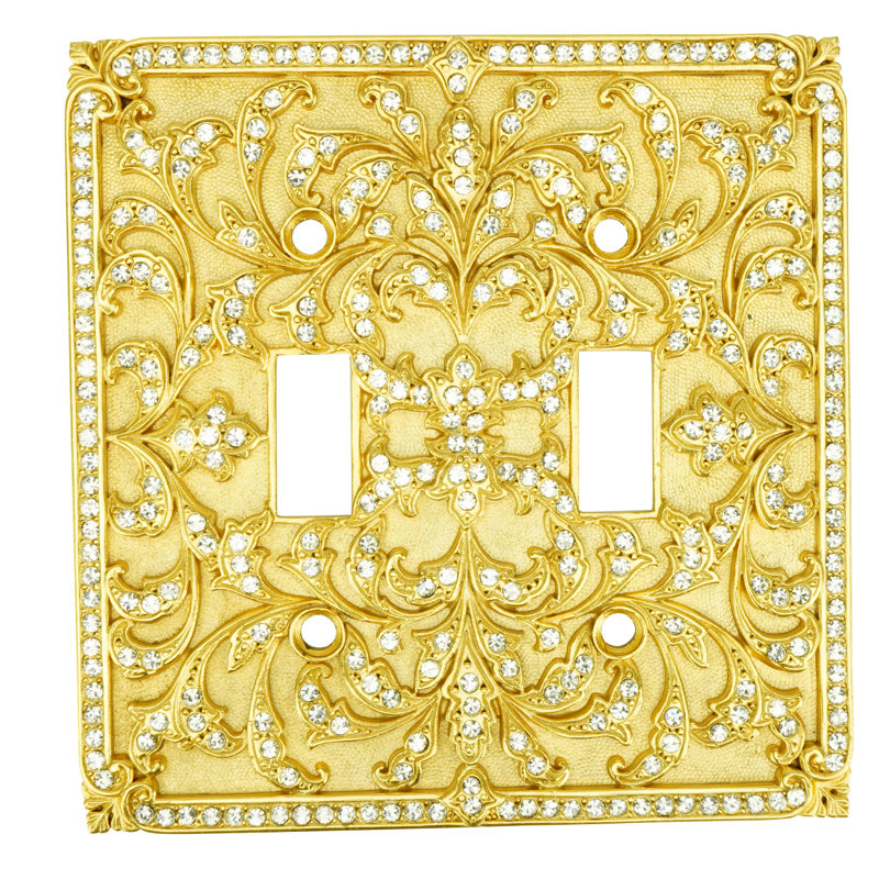 DOUBLE TOGGLE SWITCH PLATE COVER; CLEAR DECORATED WITH SWAROVSKI CRYSTALS; IN SATIN GOLD