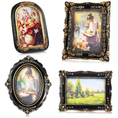 Ensemble de 4 cadres photo rétro, cadres baroques ornés pour table ou mur (noir)