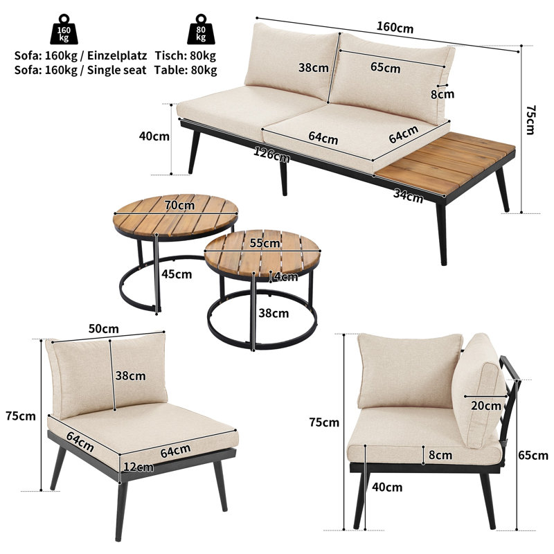 Modular Outdoor Patio Sofa Set with Rustproof Galvanized Iron Frame, Washable Zipper Cushions & Space-Saving Acacia Wood Nesting Side Tables