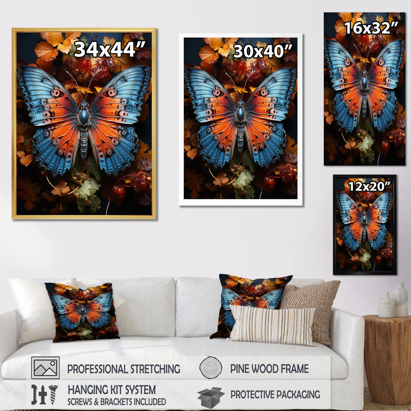 «Orange Turquoise Animal Butterfly», reproduction sur toile, 32" H x 24" W, Cadre naturel flottant