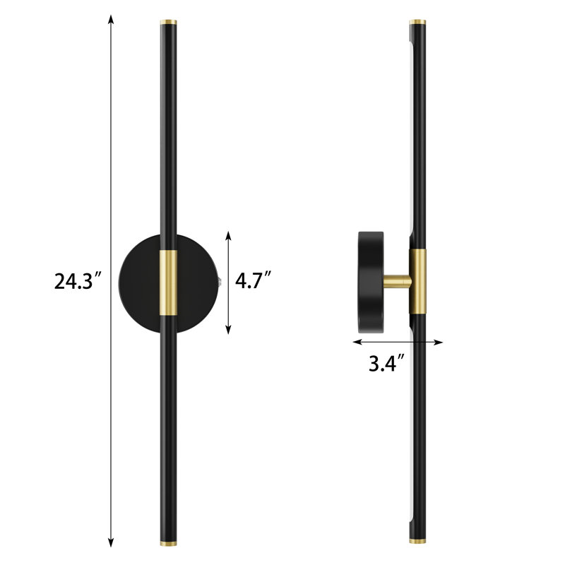 Battery Operated Wall Sconces with Remote Control, 24'' LED Flush Mounted Sconces, Matte Black/Gold