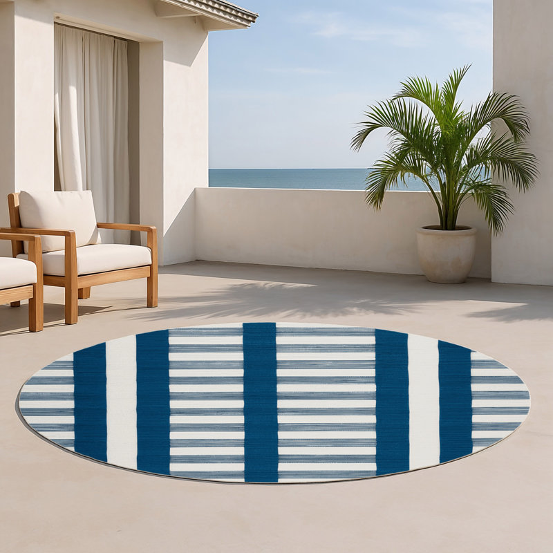 Tapis intérieur / extérieur blanc HorizontalStripes, Rond 5 pi