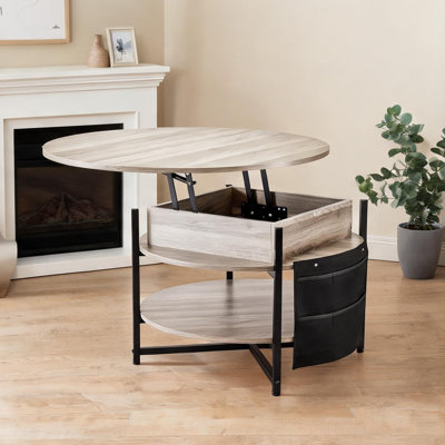 Table basse ronde à plateau en bois avec surface de travail relevable et rangement caché gris ardoise