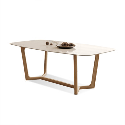 White + Burlywood Rectangular Sintered Stone + Solid Wood Dining Table