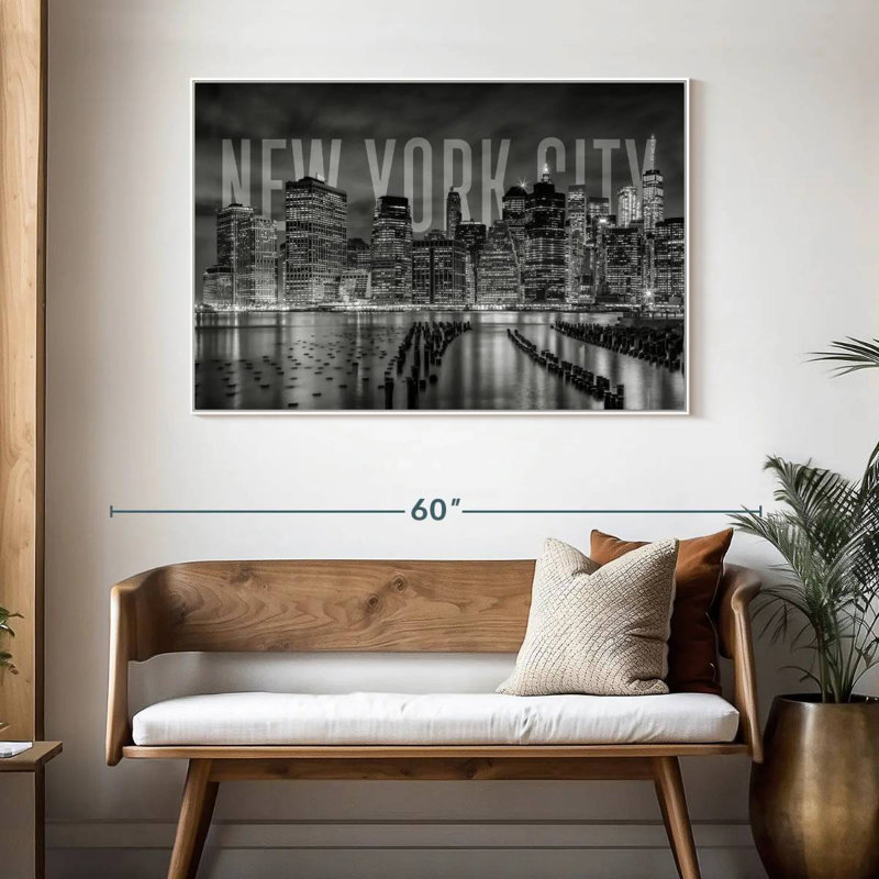 Horizon de New York monochrome, Cadre flottant blanc, 46 po x 31 po