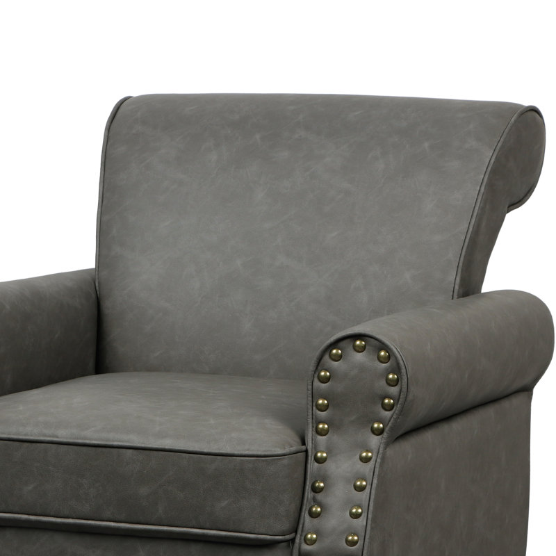 Enoks Traditional Upholstered Gray Faux Leather Armchair with Nailhead Trim, Gray Faux Leather