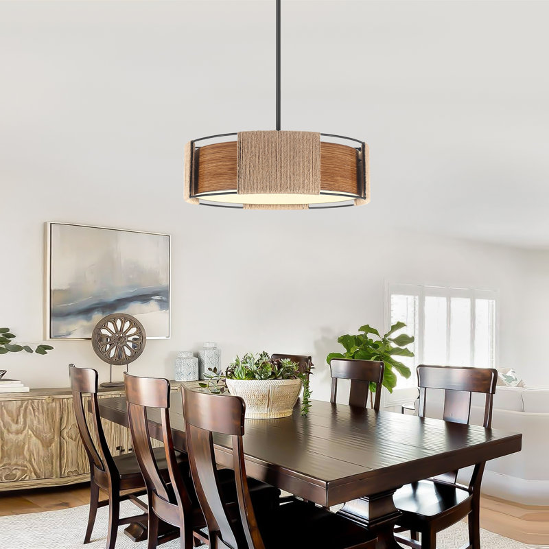 Amonte 4 - Light Dimmable Farmhouse Metal Wood Grain Drum Chandelier for Kitchen Island Dining Room Entryway