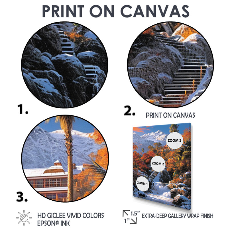 «Stairs To Villa On Hill Winter Snow», impression d'art mural montagnes d'hiver, Cadre flottant noir, bois massif