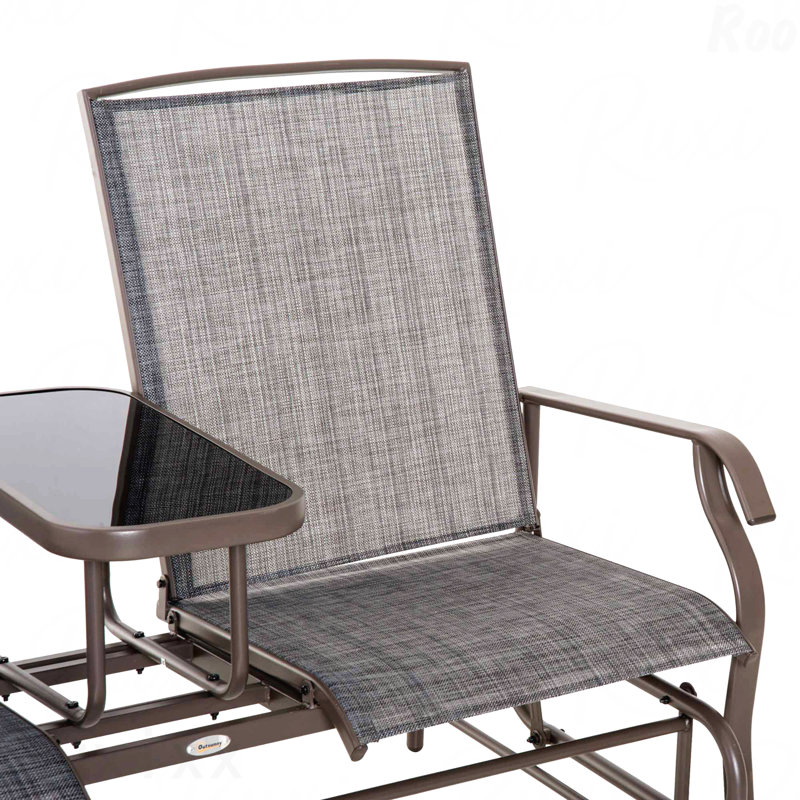 Banc coulissant en tissu gris avec table centrale et causeuse de patio