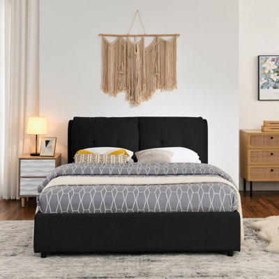 Grand lit plateforme tapissier hydraulique avec tête de lit intégrée, tissu chenille, noir