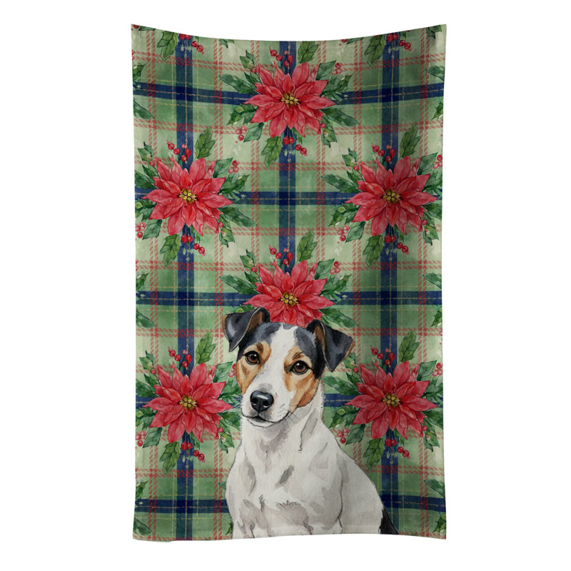 White with Black Markings Russell Terrier Christmas PoinsettIas Kitchen Towel, White/Black Markings Russell Terrier