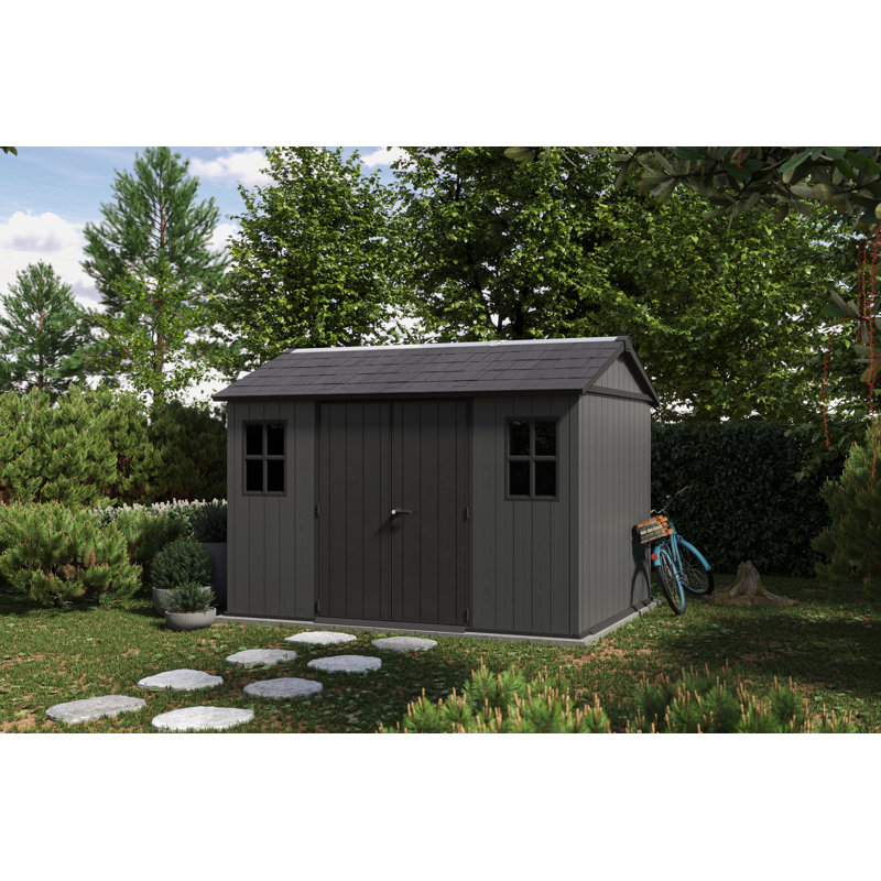 Keter Newton Plus Durable Resin Outdoor Storage Shed With Floor and Double Doors for Garden Patio Furniture and Tools, Graphite Grey (6 Available Sizes)