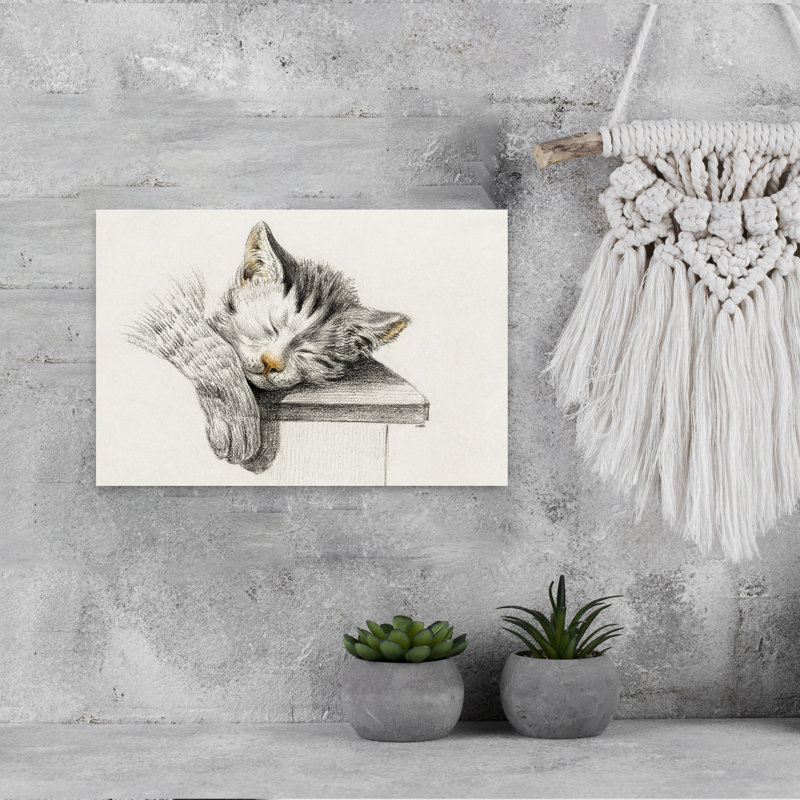 Croquis d'un chat endormi, art mural rétro rétro, H 12 po x l 18 po