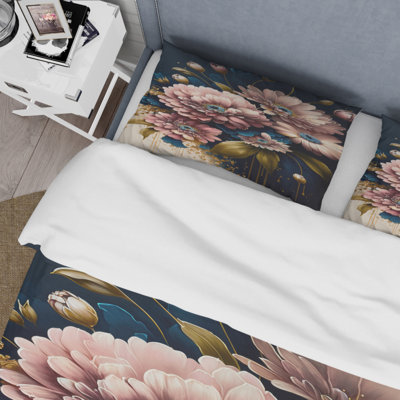 Ensemble de housse de couette à motif de marguerites florales bourgogne et bleues I - Polyester en microfibre