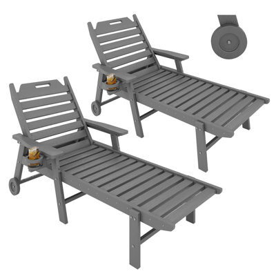 Ensemble de 2 chaises longues d'extérieur pour patio - fauteuils inclinables en bois PEHD résistants aux intempéries, dossier réglable à 5 positions, porte-gobelet intégré, gris