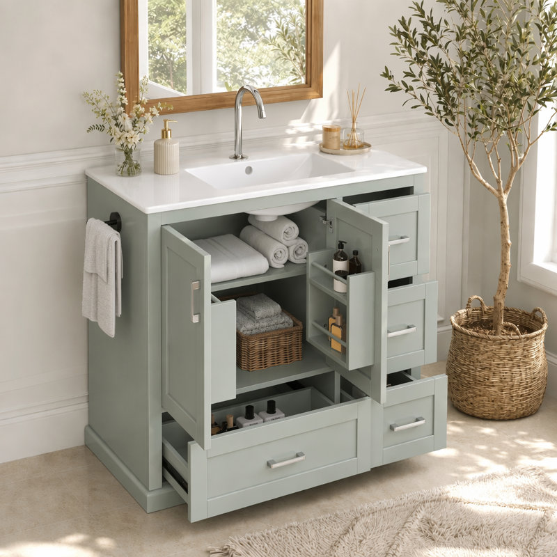 Meuble-lavabo simple 42 po avec plateau en pierre, Vert