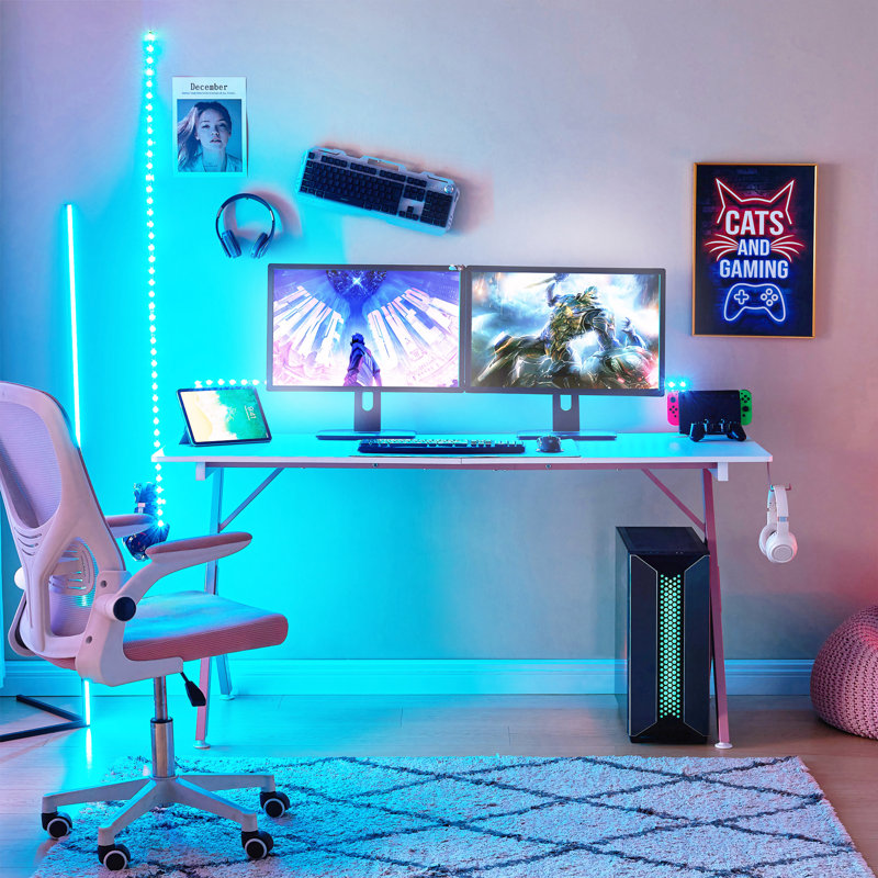 63-Inch Large Gaming Desk for Home – Spacious PC & Computer Setup, White/Pink