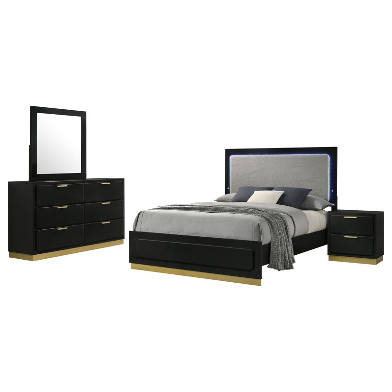 Ensemble de chambre pour grand lit 4 pièces Caer en noir, accents dorés, revêtement gris, Noir / or / gris clair, Queen