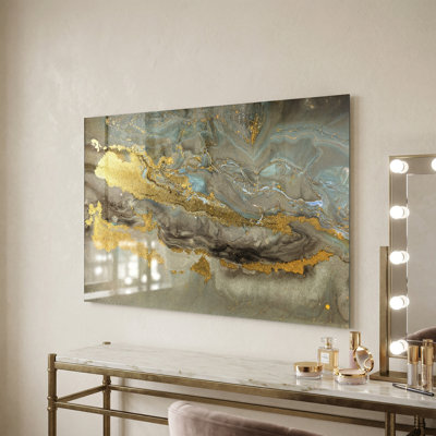 Art mural abstrait marbré doré sur verre trempé sans cadre