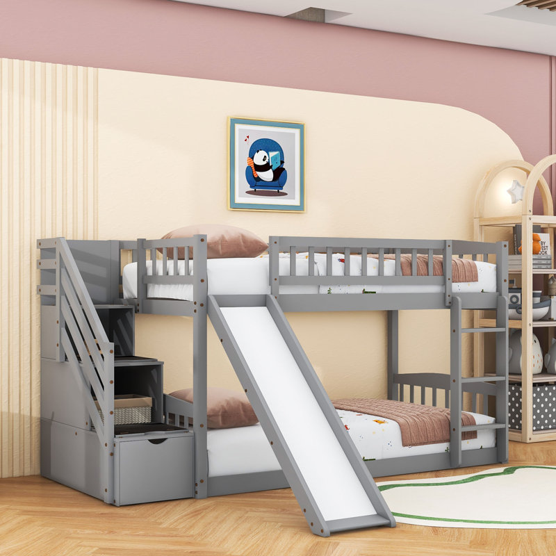 Lit superposé simple en bois avec glissière et rangement, Gris