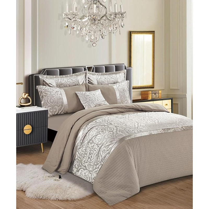 Anderea Velvet Damask Duvet Cover Set with Pillowcases, 260 x 220 cm, Mink