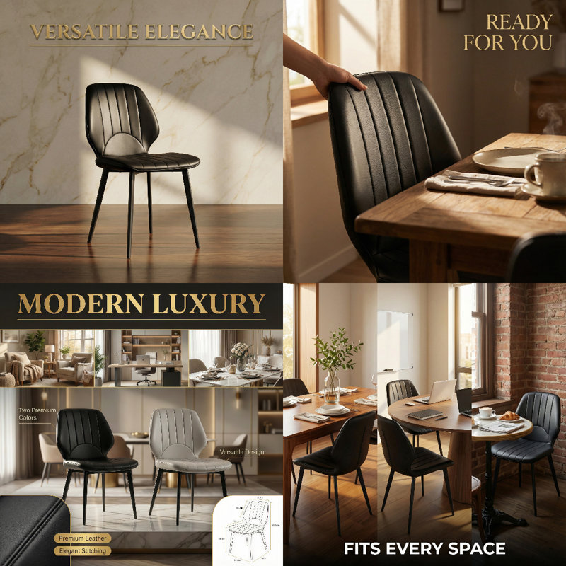 18.5'' H Modern Faux Leather Dining Chair Set — Mid-Century Padded Accent Chairs with Stitch Detail, Matte Black Metal Legs, and Ergonomic Curved Back (Set of 4)