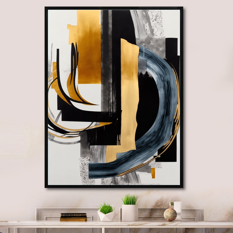 «Glam Gold and Black Expression II - Abstract Spirals», art mural, L 16 po x H 32 po, Cadre flottant noir