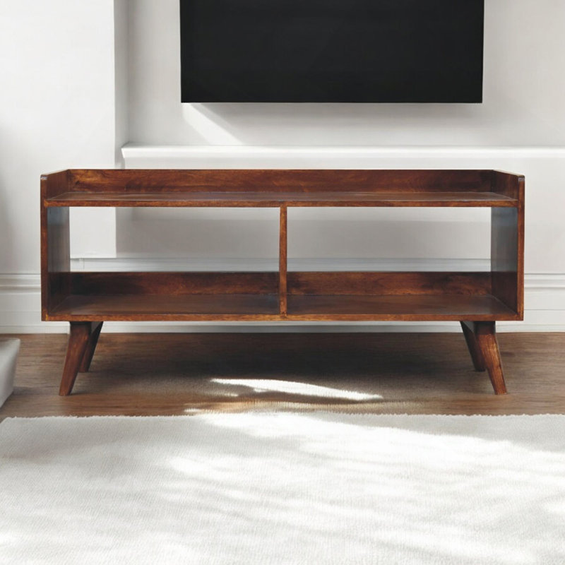 Meuble audio-vidéo en bois et châtaignier à dessus ouvert en bois, 2 tablettes ouvertes, pieds nordiques, brun foncé
