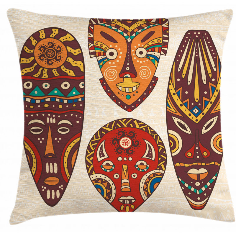 Tiki Bar Decor African Folk Art Square Pillow Cover, 28" x 28"