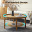 Table basse ronde Boho avec tablette de rangement et garniture perlée, table d'appoint à 2 niveaux pour un salon confortable et fonctionnel